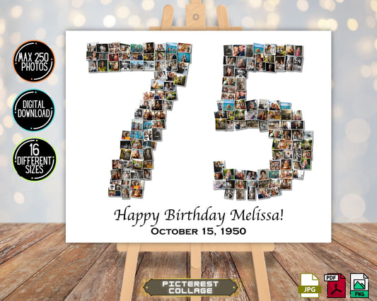 Custom 75th Birthday Gift - Number Photo Collage