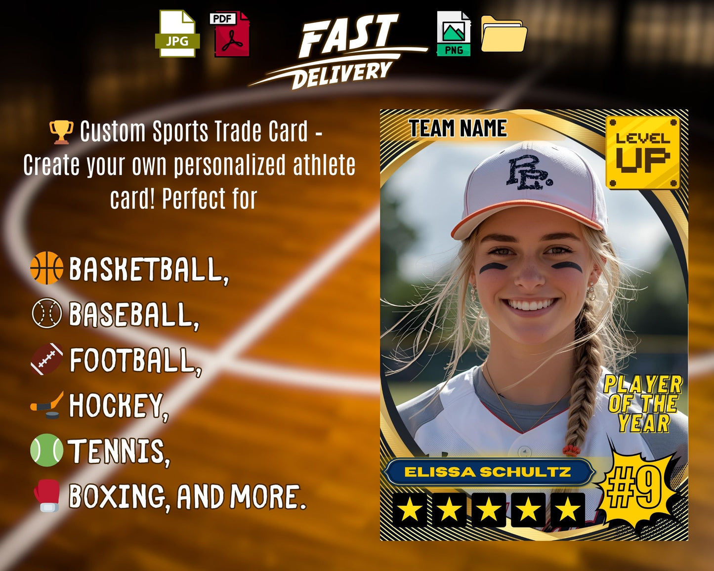 Custom Sports Trading Card — Personalized Athlete Trading Card | Printable for Football, Basketball, Baseball, Softball & All Sports