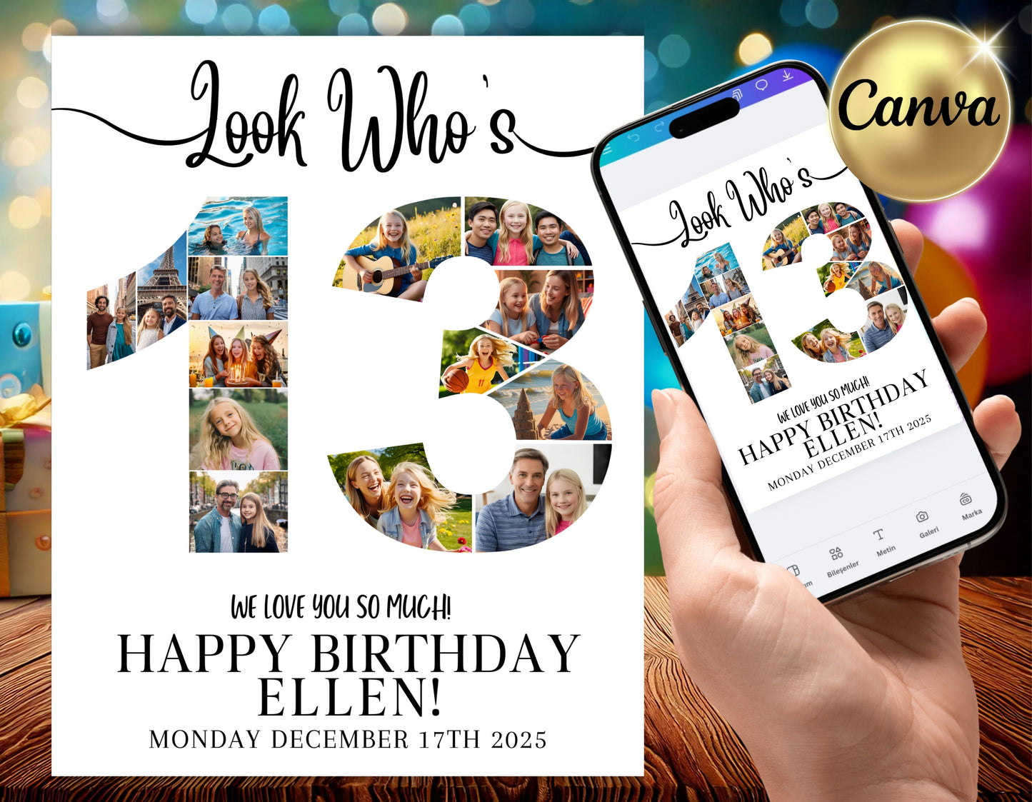 Editable 13th Birthday Photo Collage & Number Poster Template Bundle for Canva PS0370