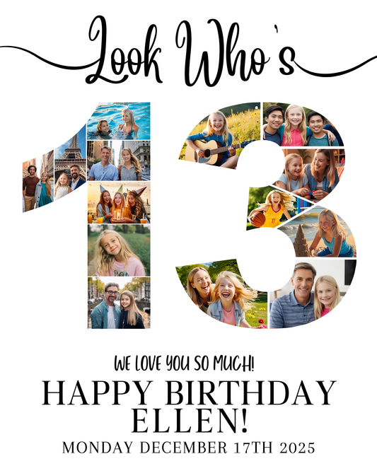 Editable 13th Birthday Photo Collage & Number Poster Template Bundle for Canva PS0370