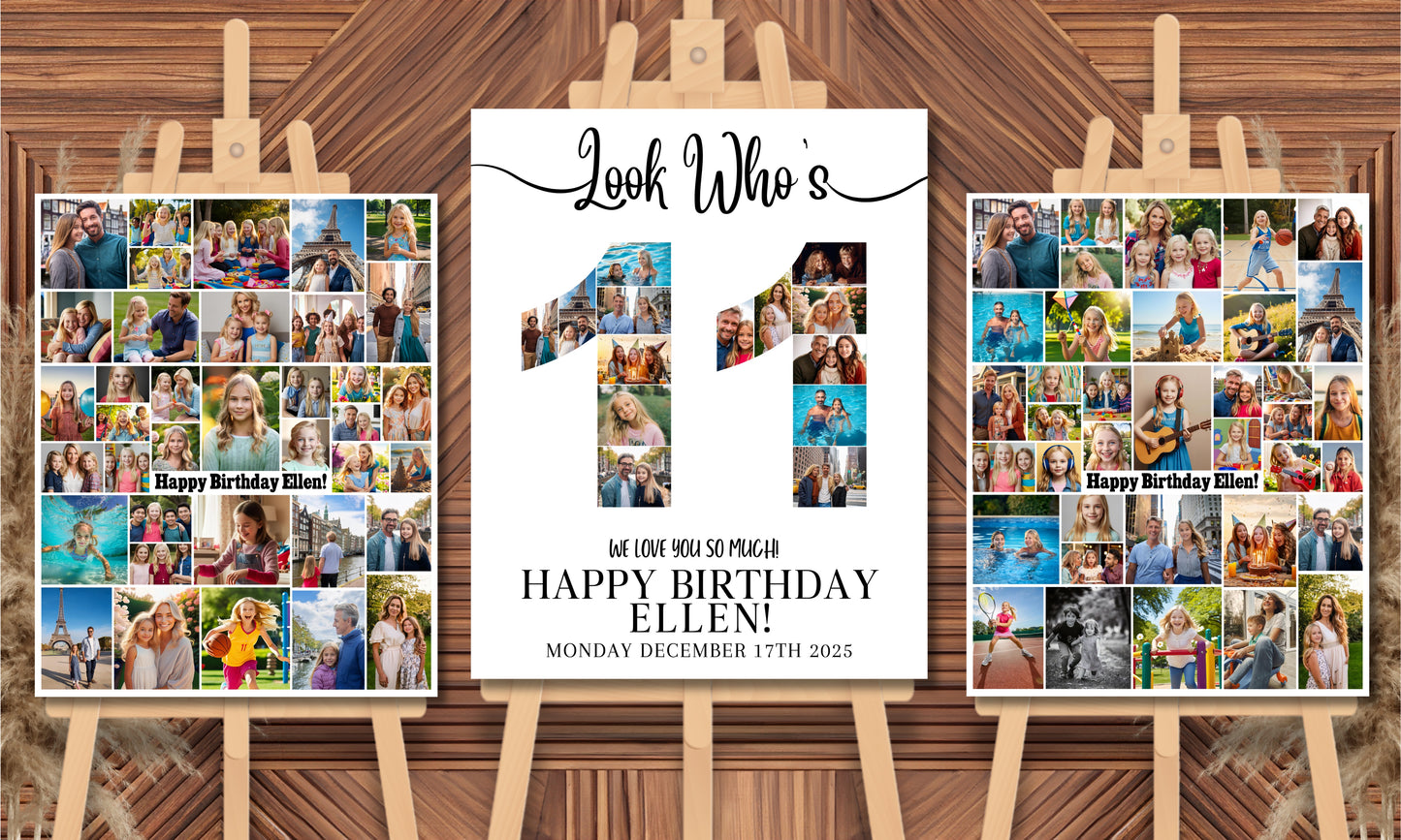 Editable 11th Birthday Photo Collage & Number Poster Template Bundle for Canva PC0364