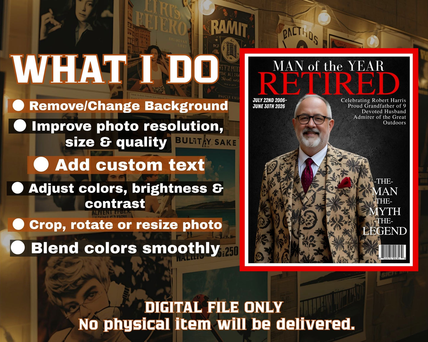 Personalized Retirement Magazine Cover Poster – Custom Man/Woman of the Year Gift, Digital Download