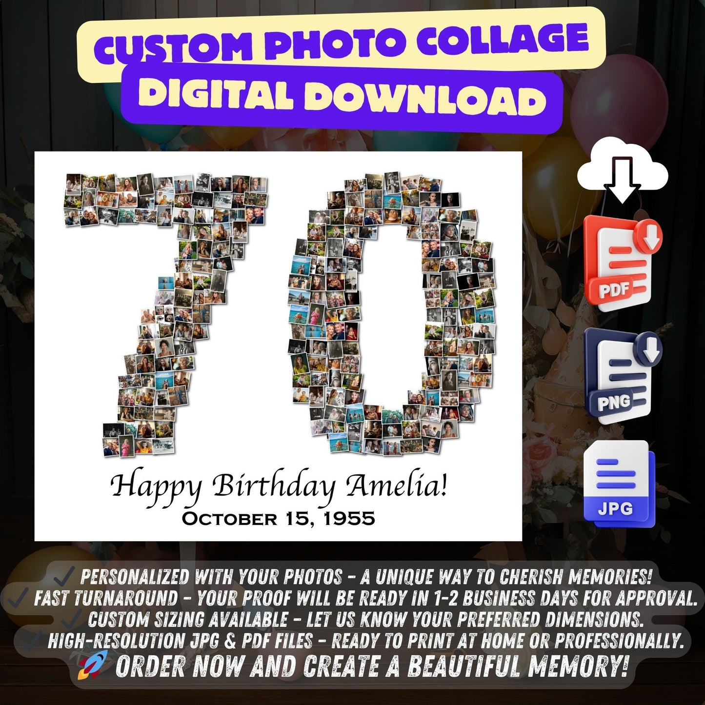 Custom 70th Birthday Gift - Number Photo Collage