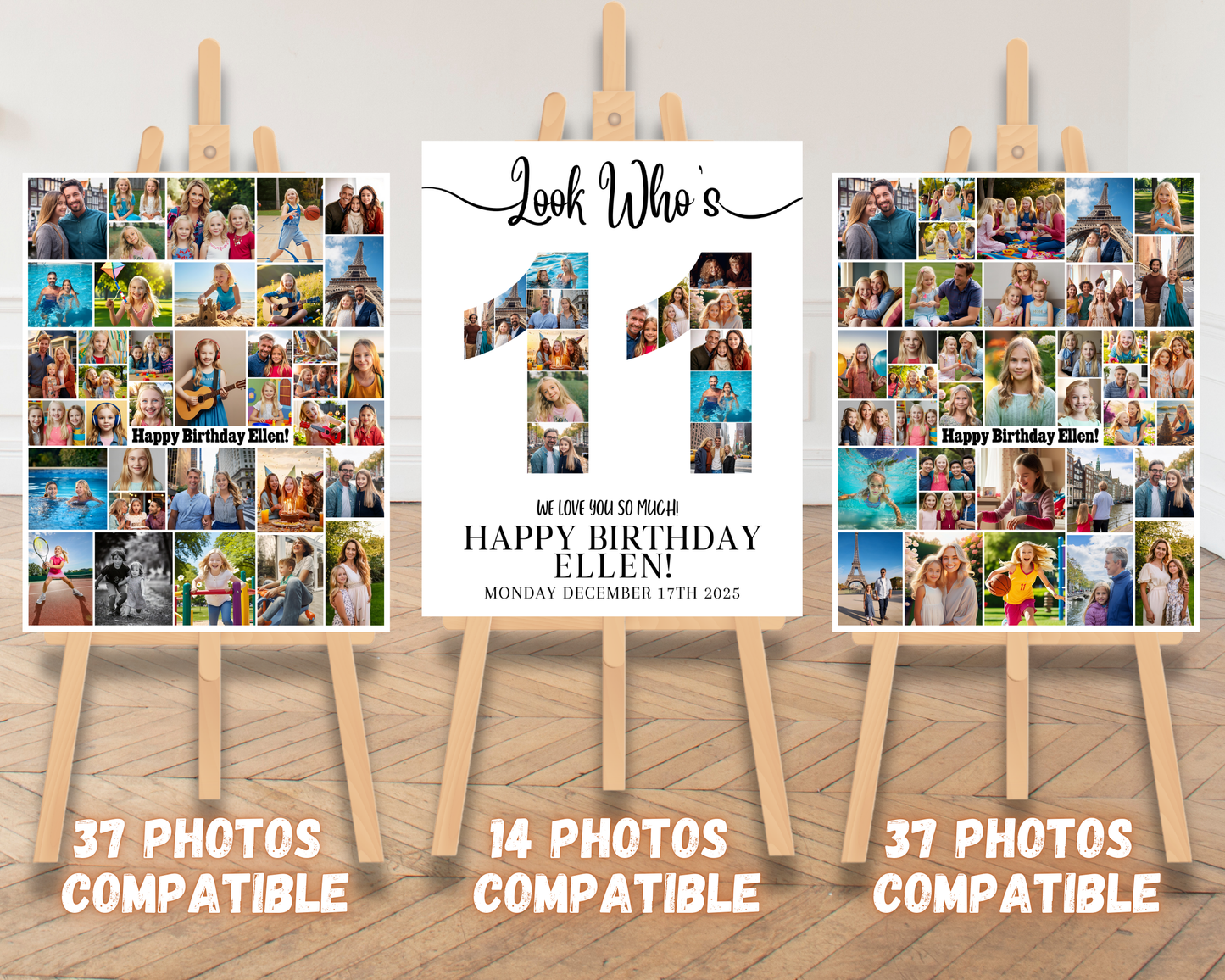Editable 11th Birthday Photo Collage & Number Poster Template Bundle for Canva PC0364