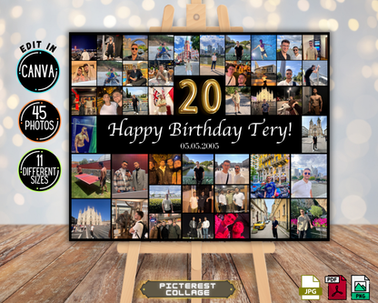 Editable 20th Birthday Photo Collage Canva Template PC0161