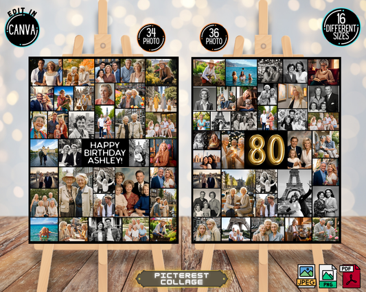 Bundle 80th Editable Birthday Photo Collage Canva Template | PC0583