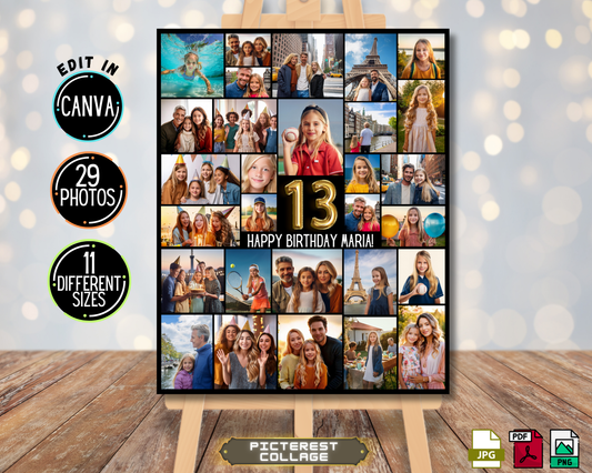 13th Editable Birthday Photo Collage Canva Template | PC0171