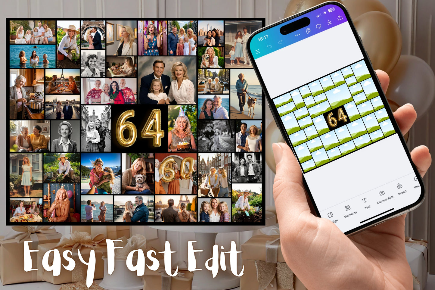 Editable 64th Birthday Photo Collage Canva Template PC0146