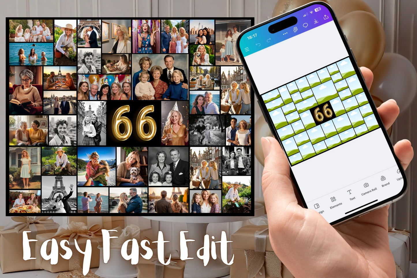 Editable 66th Birthday Photo Collage Canva Template PC0173