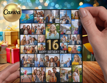 16th Editable Birthday Photo Collage Canva Template | PC0129