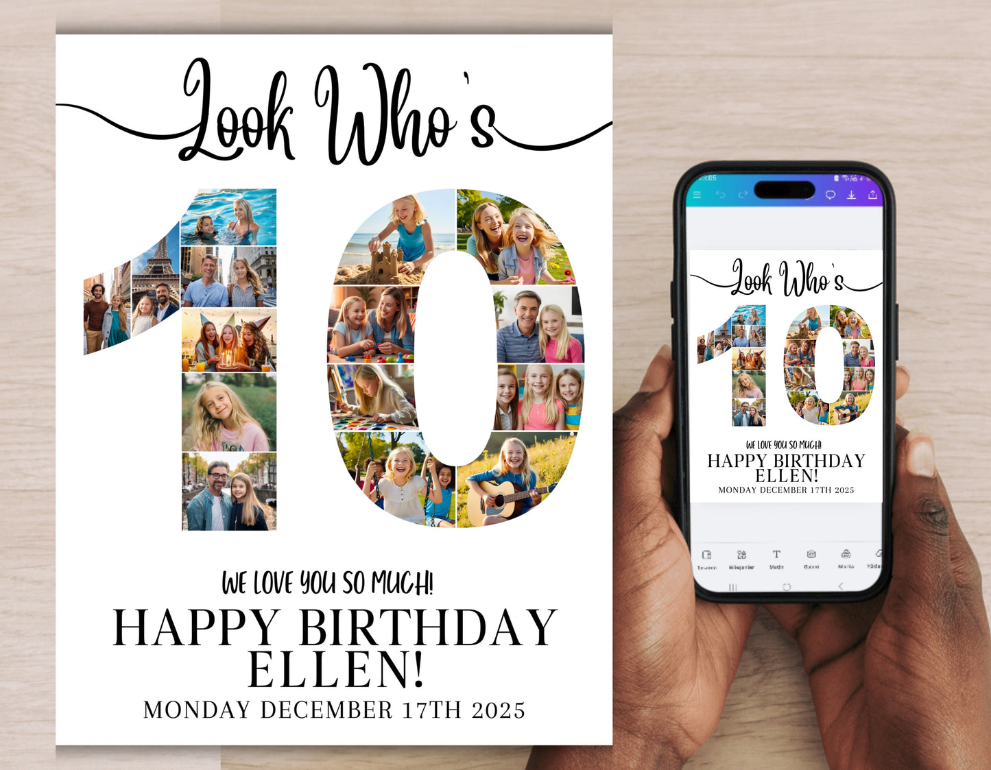Editable 10th Birthday Photo Collage & Number Poster Template Bundle for Canva PS0366