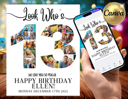 Editable 13th Birthday Photo Collage & Number Poster Template Bundle for Canva PS0370