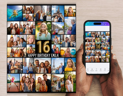 16th Editable Birthday Photo Collage Canva Template | PC0129
