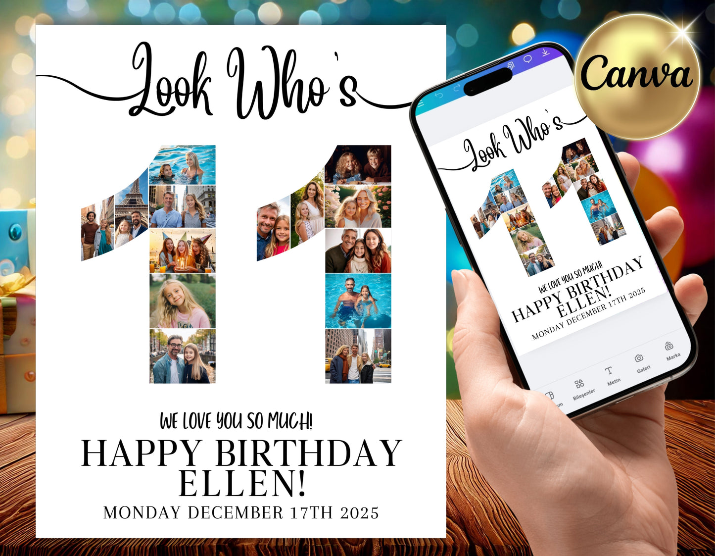 Editable 11th Birthday Photo Collage & Number Poster Template Bundle for Canva PC0364