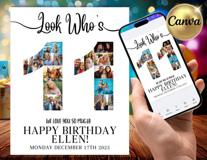 Editable 11th Birthday Photo Collage & Number Poster Template Bundle for Canva PC0364