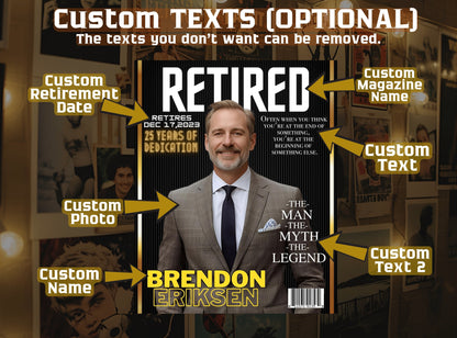 Personalized Retirement Magazine Cover — Custom Digital Poster, Funny & Unique Retirement Gift