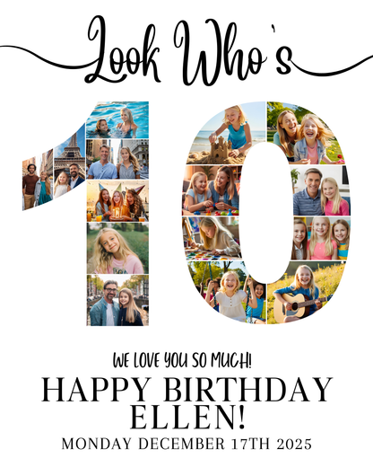 Editable 10th Birthday Photo Collage & Number Poster Template Bundle for Canva PS0366