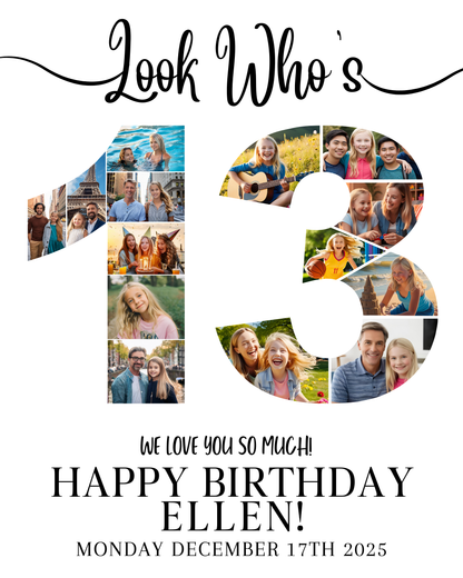 Editable 13th Birthday Photo Collage & Number Poster Template Bundle for Canva PS0370