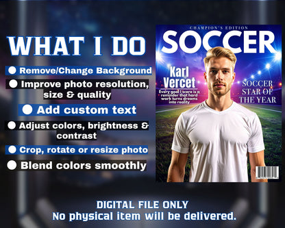 Personalized Soccer Magazine Cover | Custom Sports Poster with Photo & Name | Gift for Athletes, Fans | Soccer Player Gift, Printable