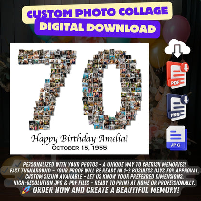 Custom 70th Birthday Gift - Number Photo Collage