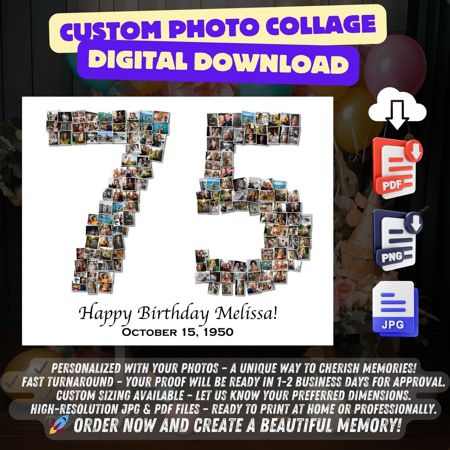 Custom 75th Birthday Gift - Number Photo Collage