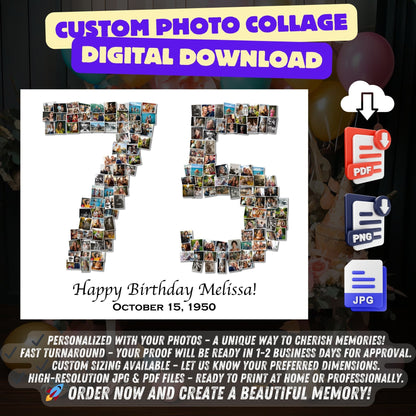 Custom 75th Birthday Gift - Number Photo Collage