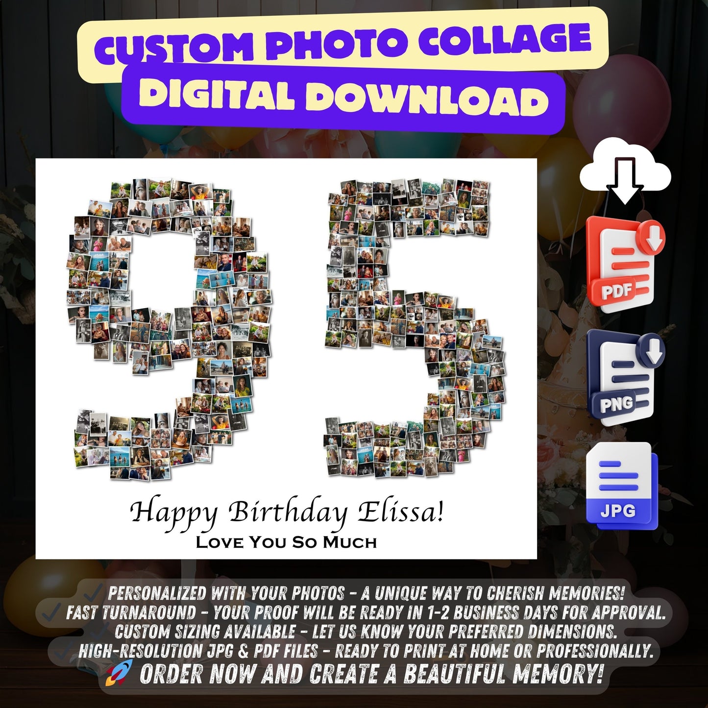 Custom 95th Birthday Gift - Number Photo Collage