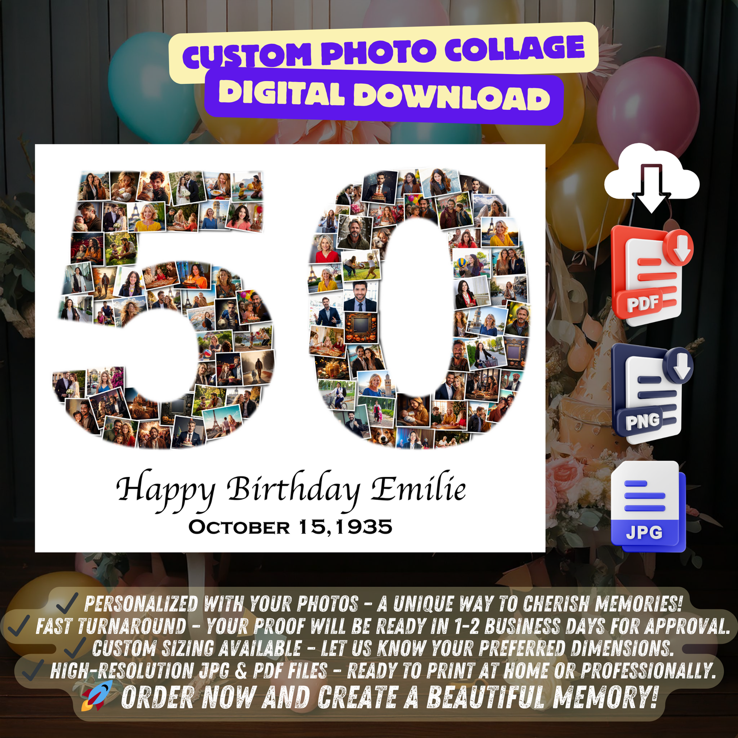 50th Birthday Photo Collage - Any Number (1-100) Photo Collage - Printable Digital File