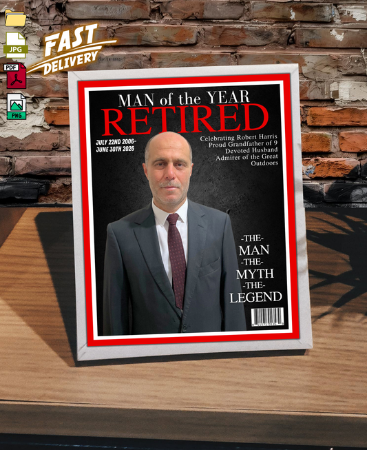 Personalized Retirement Magazine Cover Poster – Custom Man/Woman of the Year Gift, Digital Download