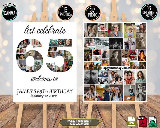 SET 65th Birthday Photo Collage - Canva Editable Template - PC0249